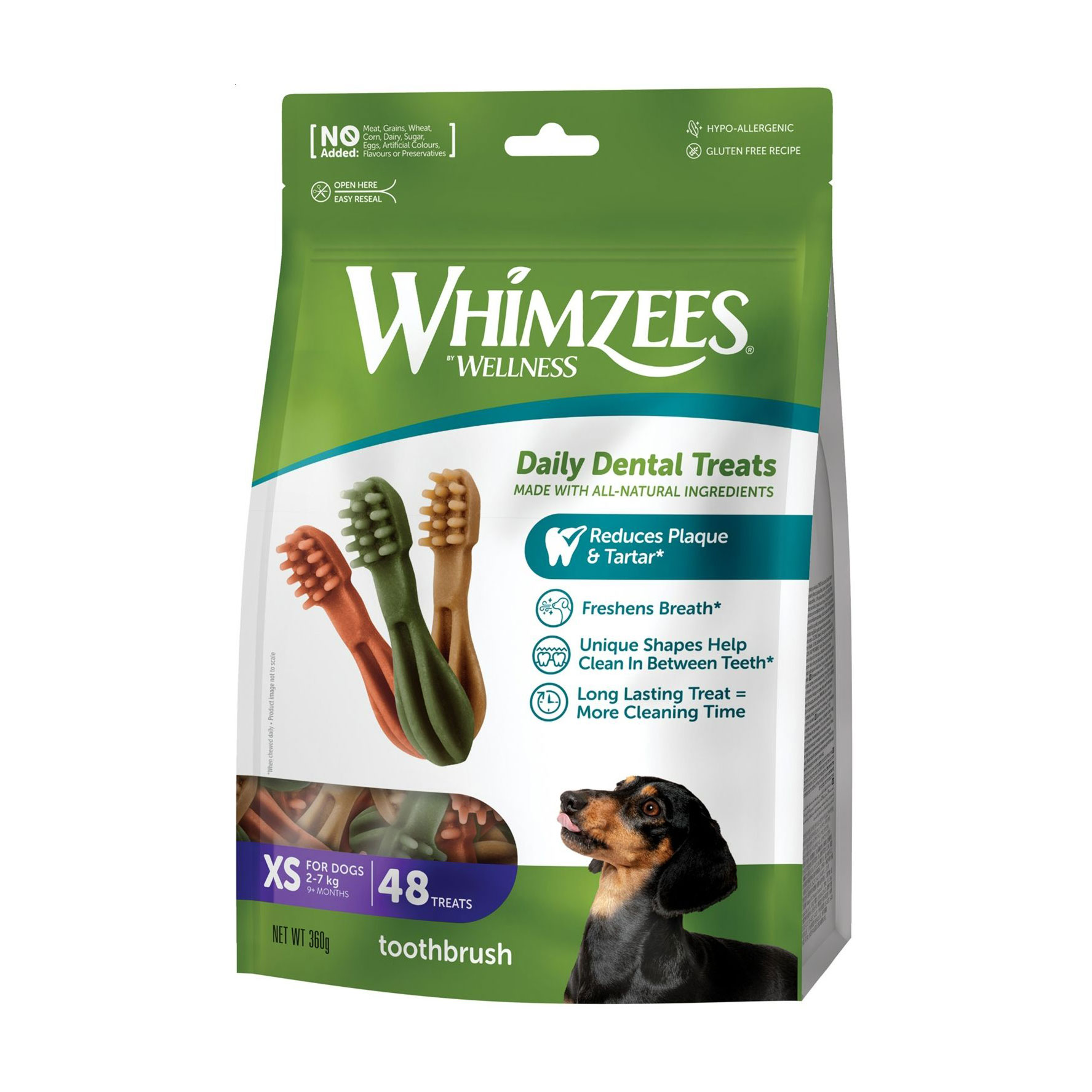 Ласощі для собак Whimzees Toothbrush Daily Dental Treats розміром XS (2-7 кг), від 9 місяців, у формі зубної щітки, 48 шт
